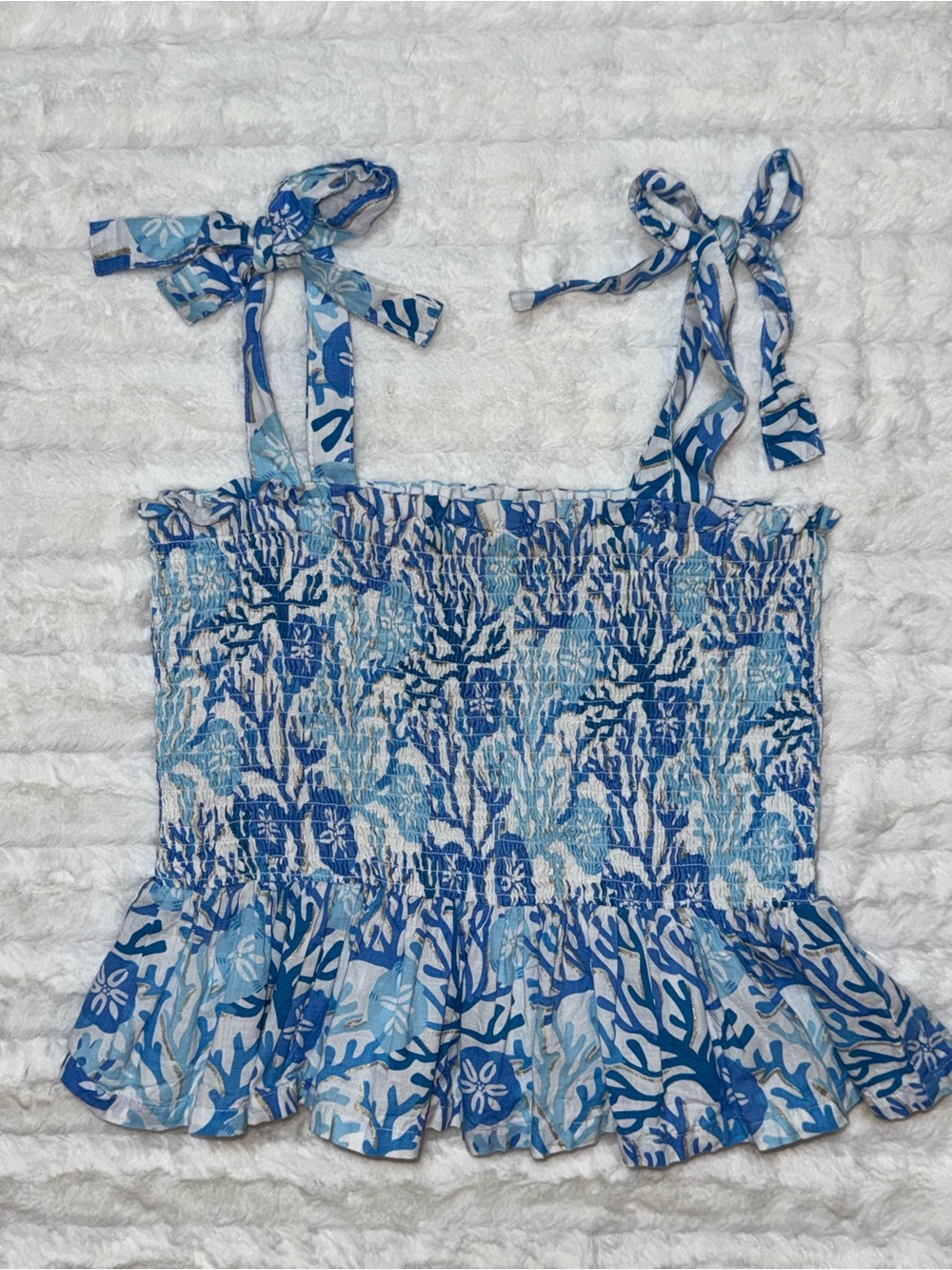 Haute Hippie Blue Floral Smocked Tie-Shoulder -Medium